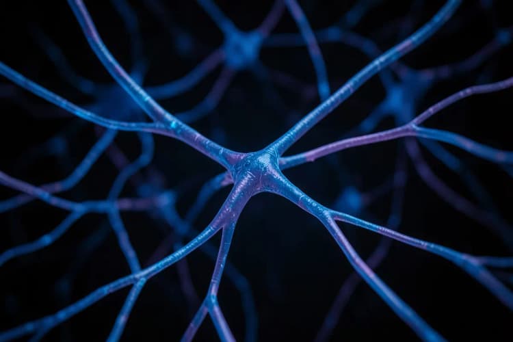 Uma representação abstrata de conexões neurais brilhantes em tons de azul e roxo.