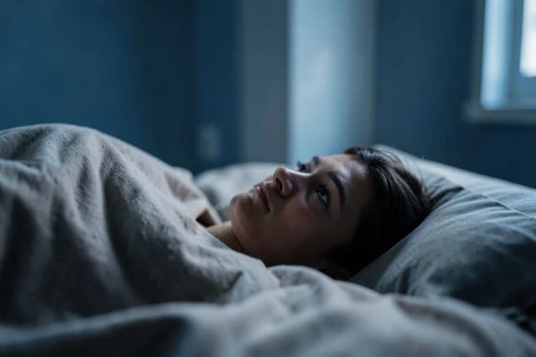 Uma pessoa deitada na cama, olhando para o teto com uma expressão vazia.