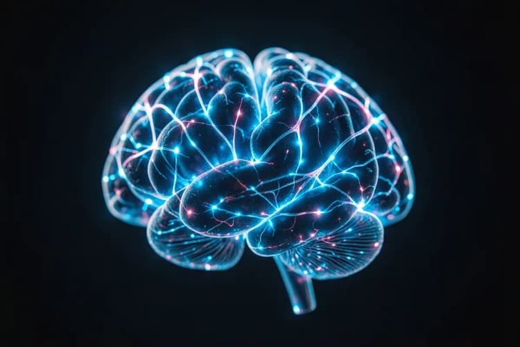 Um cérebro estilizado com conexões brilhantes, representando a atividade neural.