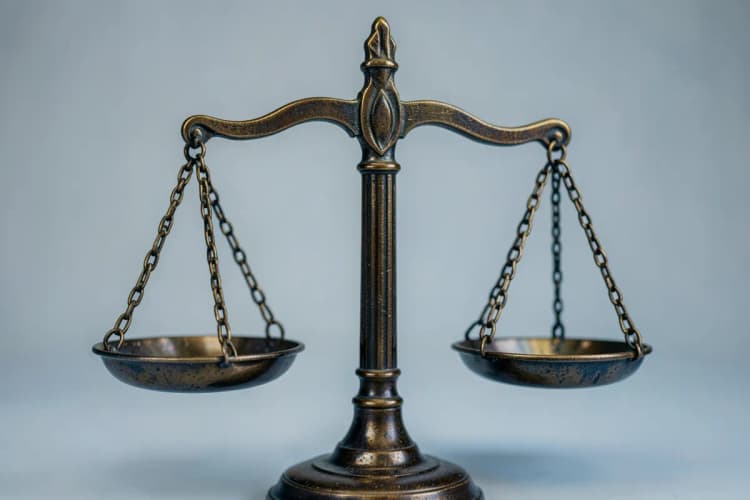 Uma balança de justiça desequilibrada, com um lado mais baixo que o outro, em um fundo neutro.