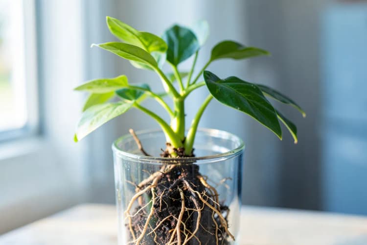 Uma planta crescendo em um vaso, com raízes visíveis através do vidro, em um ambiente interno iluminado.