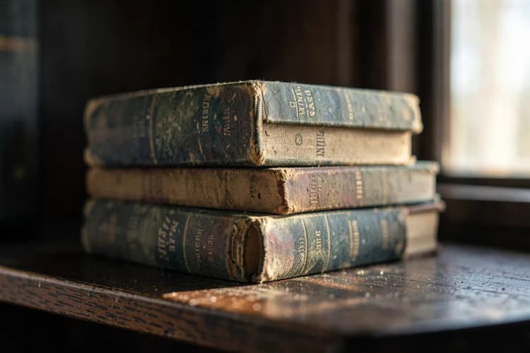 Uma pilha de livros antigos e empoeirados em uma estante de madeira escura.