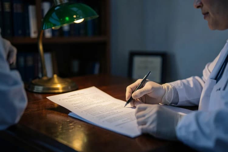 Um médico examinando um prontuário em uma mesa de consultório com luz suave.