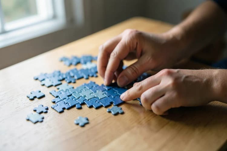 Uma pessoa fazendo um quebra-cabeça complexo em uma mesa de madeira clara.