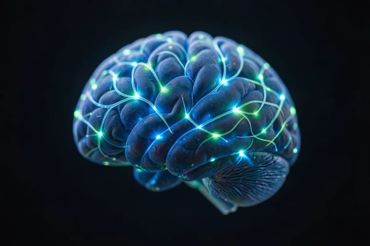 Um cérebro estilizado com conexões brilhantes de luz, representando atividade neural.