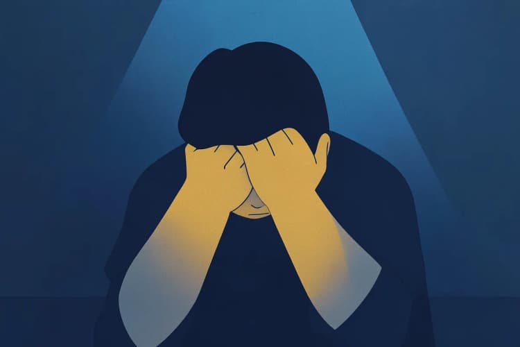 Uma pessoa sentada em uma sala escura, com a cabeça entre as mãos, em um ambiente que sugere angústia.