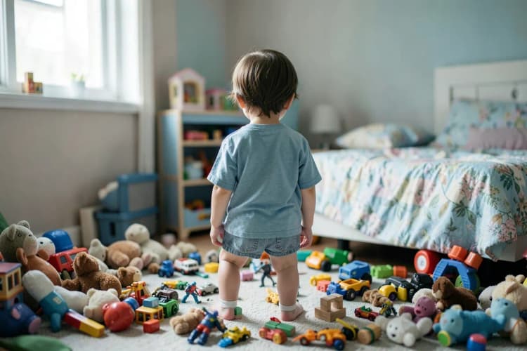 Criança com olhar perdido e brinquedos espalhados ao redor, em um quarto infantil