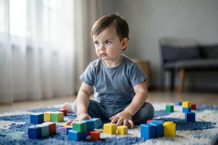 Criança pequena sentada em um tapete com blocos de montar, olhando para o lado com expressão confusa