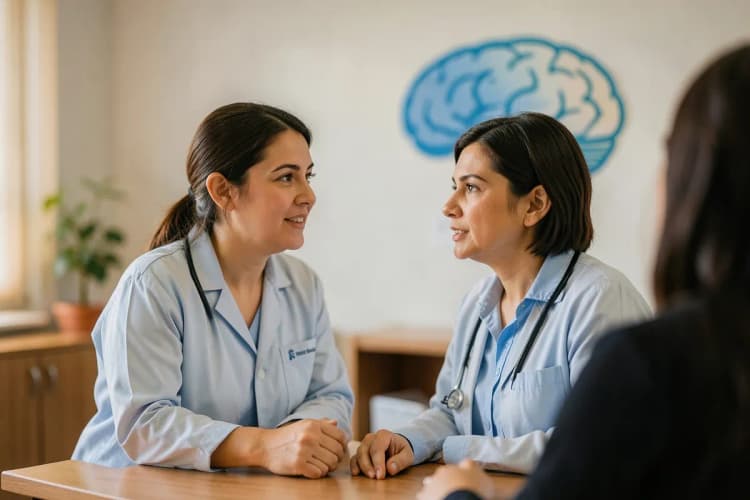 Profissional de saúde conversando com um paciente em um consultório, com foco em um cérebro estilizado na parede